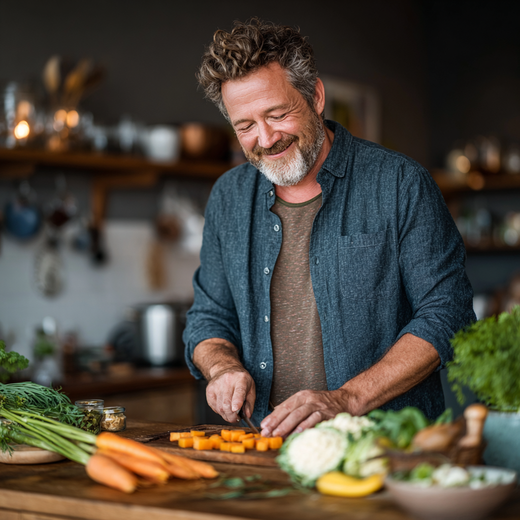 A content middle-aged man around 50 years old preparing a healthy meal in his home kitchen, smiling while chopping vegetables, wearing a casual shirt
