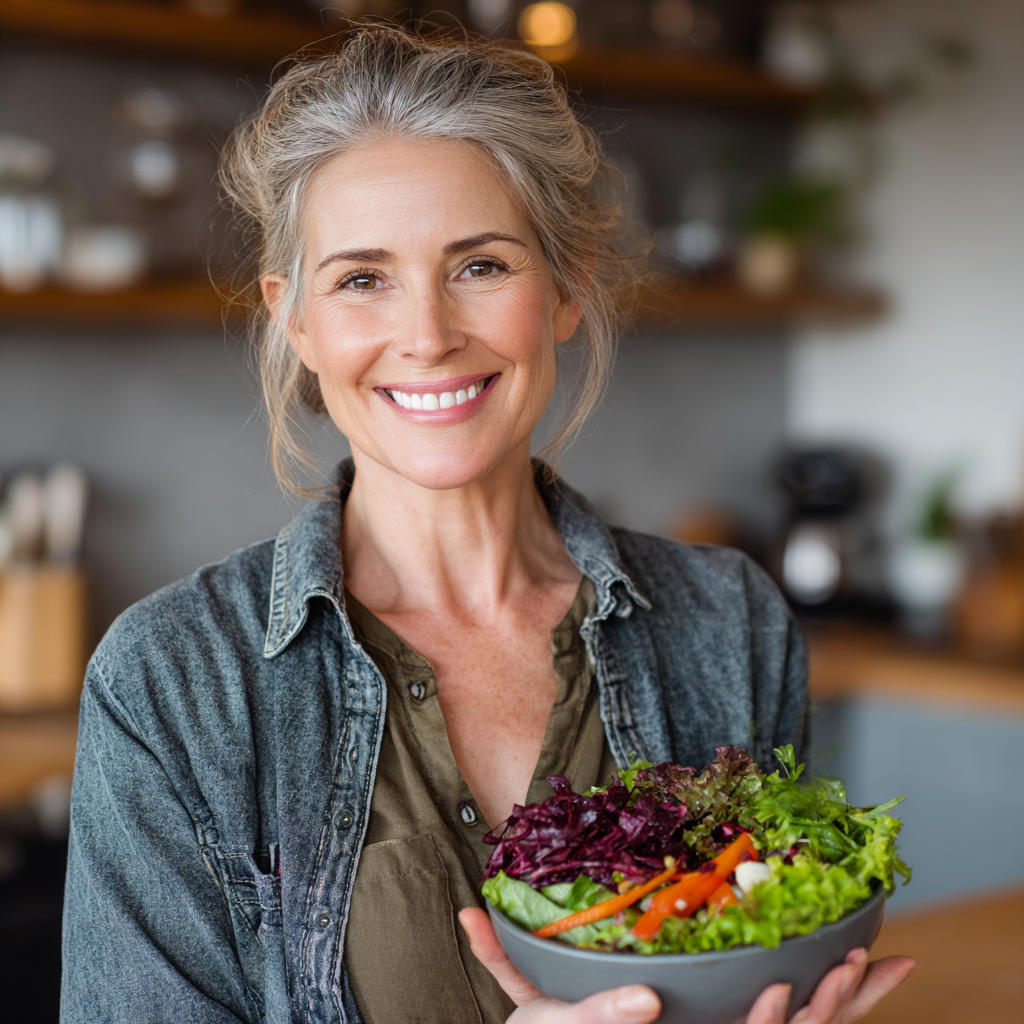 A healthy middle-aged woman around 45 years old with a warm smile, holding a colorful salad bowl in a bright modern kitchen, wearing casual clothing