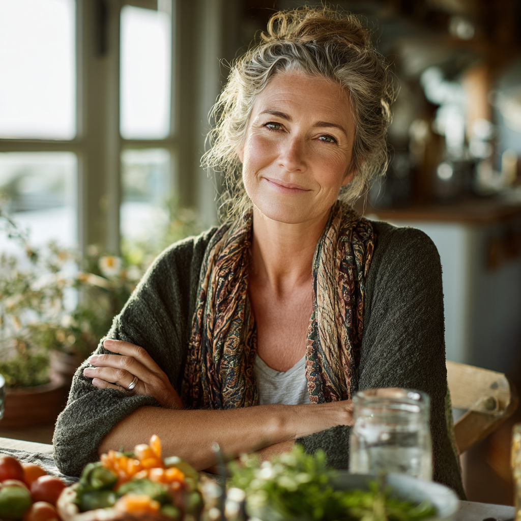 A relaxed middle-aged woman around 48 years old sitting at a dining table with a beautifully arranged healthy meal, natural lighting from a window, wearing comfortable home clothing